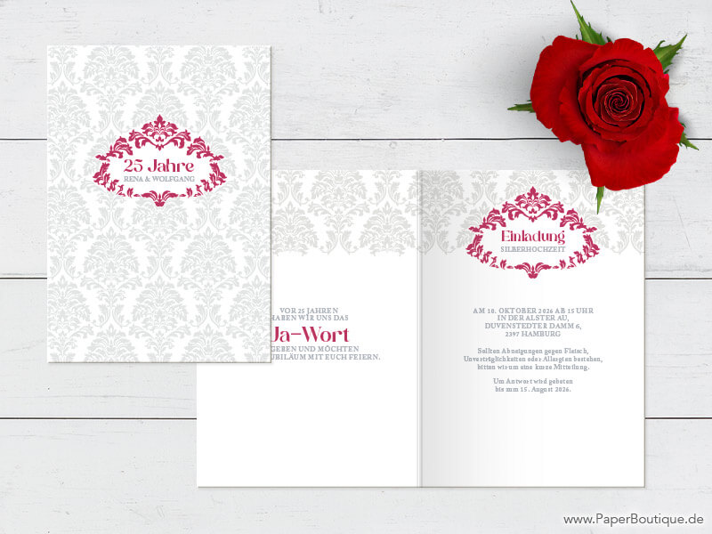 Einladung Silberhochzeit Einladungskarte zur Silberhochzeit mit Silbermuster