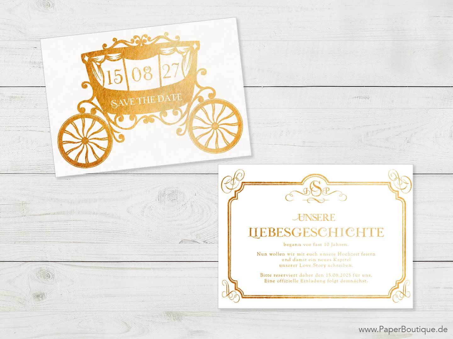Save the Date Karte mit goldener Kutsche Save the Date Karte mit goldener Kutsche